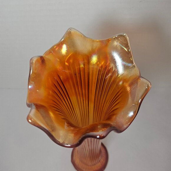 Fenton Fine Ribbed Marigold Carnival Glass Swung Vase 9 Inches Tall - Picture 2 of 9